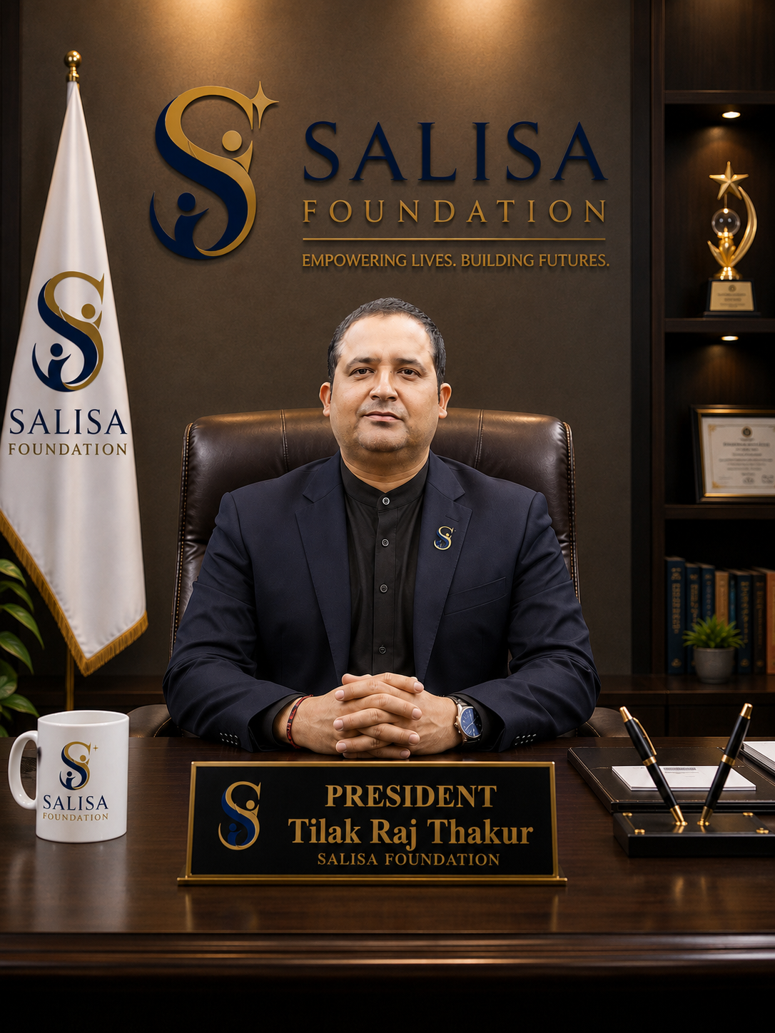 Tilak Raj Thakur, President of Salisa Foundation, seated at his office desk beneath the Salisa Foundation emblem